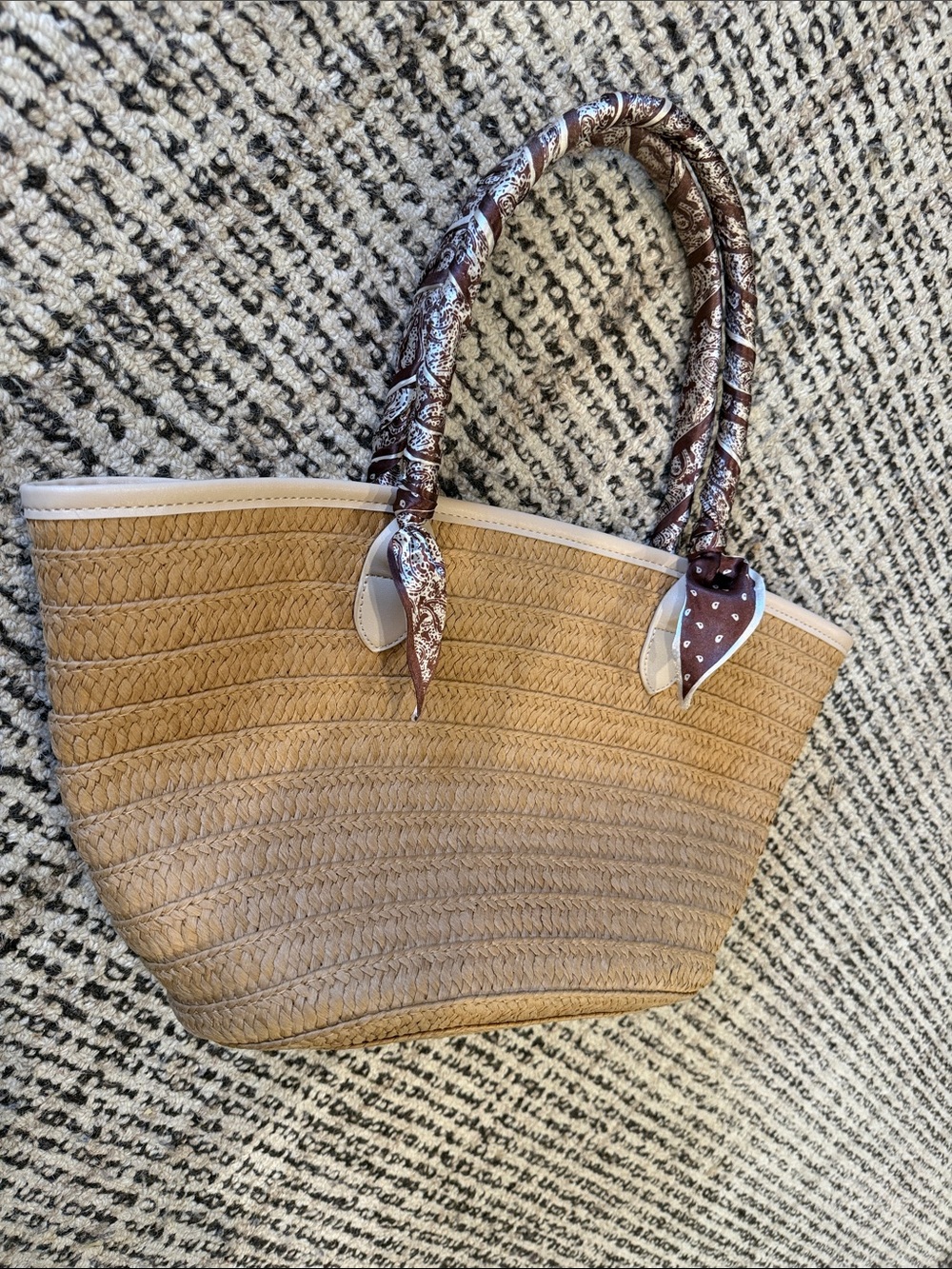 Woven Straw Tote Bag with Brown Scarf-Wrapped Handles